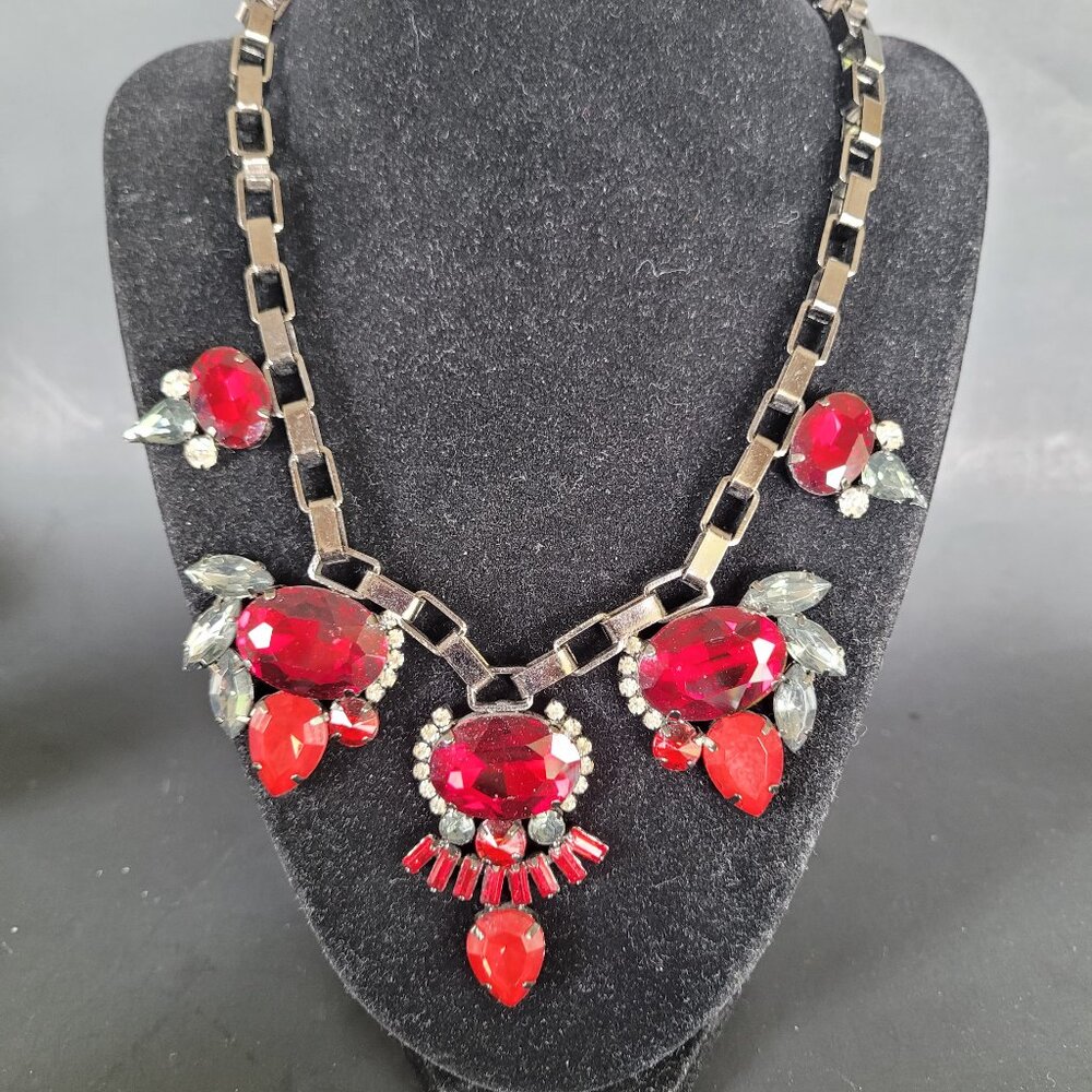 Women Red Rhinestones Faceted Collar Chain Necklace Statement Gray